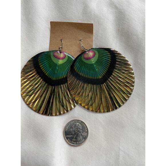 Vintage Oversized Peacock Disk Earrings Maximalist Glam Drag 60s 70s Gold - Picture 4 of 5